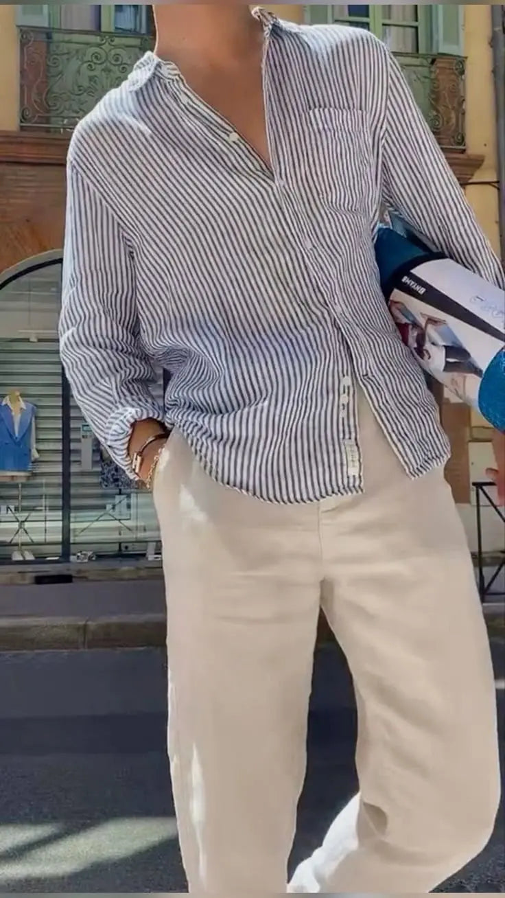 Azure Blue Checks Pure Linen Shirt Men Verinn Front View