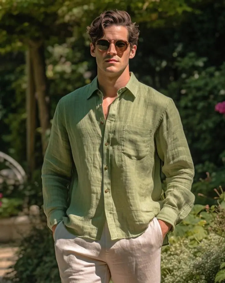 Premium Olive Green Pure Linen Shirt Men Verinn Front View